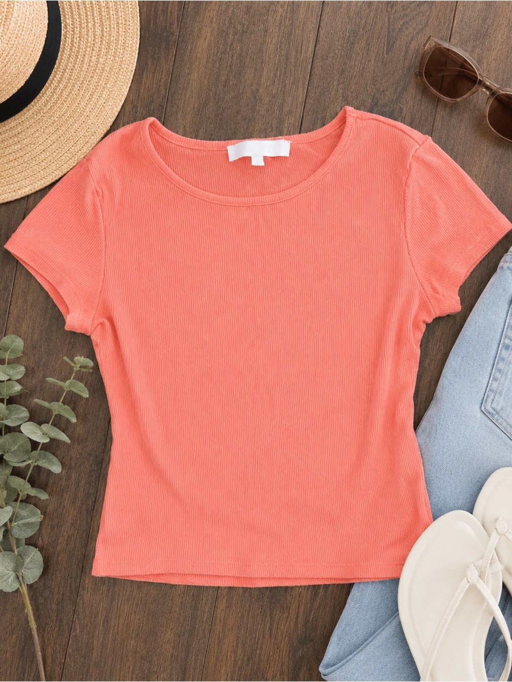 Olivaceous Coral Ribbed Stretch Knit Short Sleeve Top Size Small